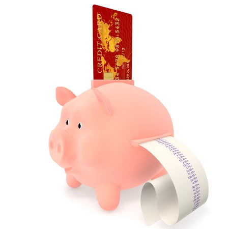 Pink piggy bank with a credit card and cash register receiptの写真素材