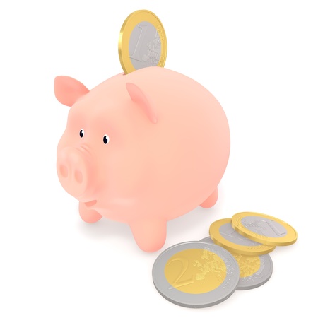 Piggy bank with coins of one and two euros on a white backgroundの写真素材