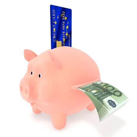 Piggy Bank with credit card and bills euroの写真素材