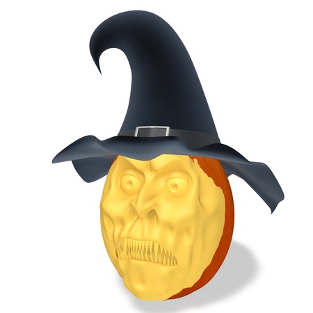 Halloween pumpkin with hat on white backgroundの写真素材