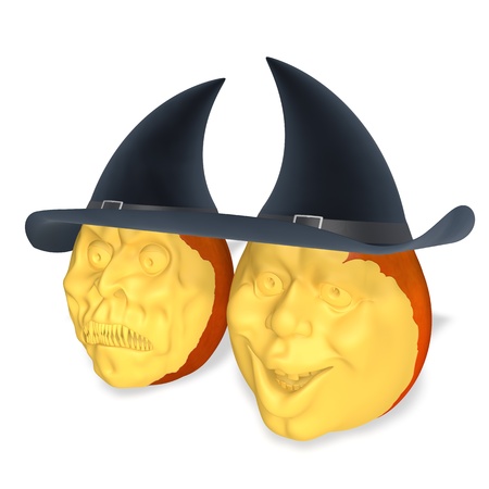 Two pumpkins in a hat on a white backgroundの写真素材
