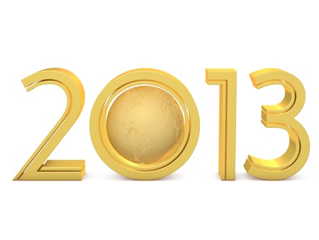 Golden numbers with the planet in on a white backgroundの写真素材