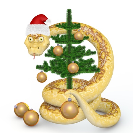 Snake in the Santa hat dresses up Christmas treeの写真素材