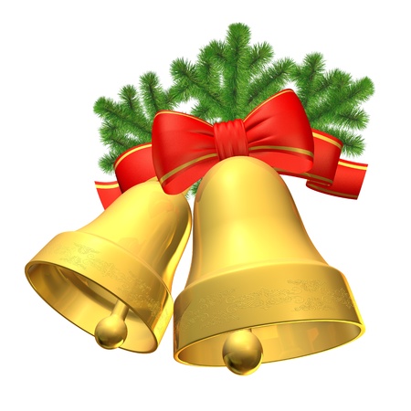 Two bells with bow and fir branchesの写真素材