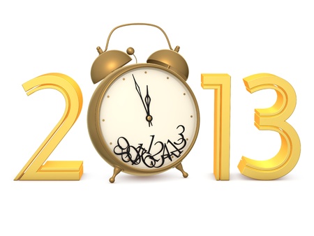 Gold 2013 numbers with an alarm clock on a white backgroundの写真素材