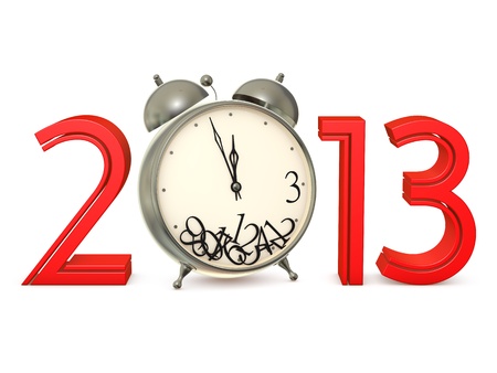 Red numbers 2013 with an alarm clock on a white backgroundの写真素材