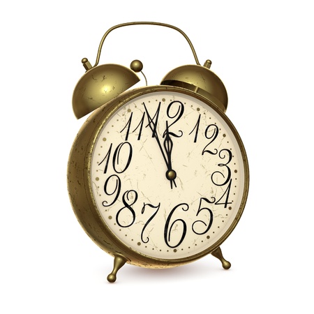 Alarm clock with scratches on the white backgroundの写真素材