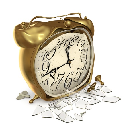 Broken alarm clock with broken glass on a white backgroundの写真素材