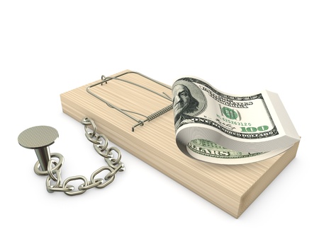 Mousetrap with dollars chained to the planeの写真素材