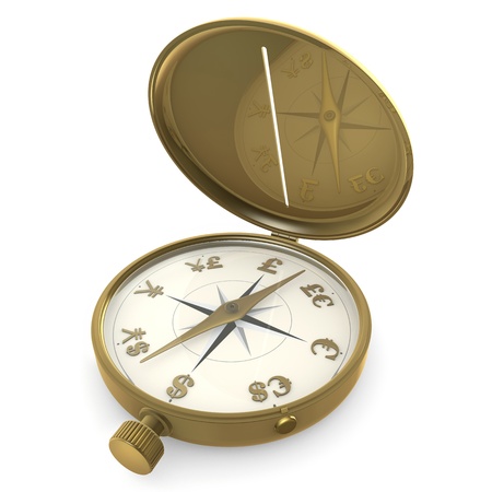 The Golden compass and world currency on white backgroundの写真素材