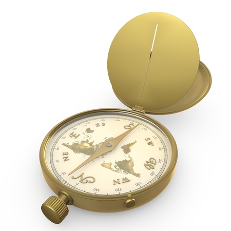 The Golden Compass with an arrow on a white backgroundの写真素材