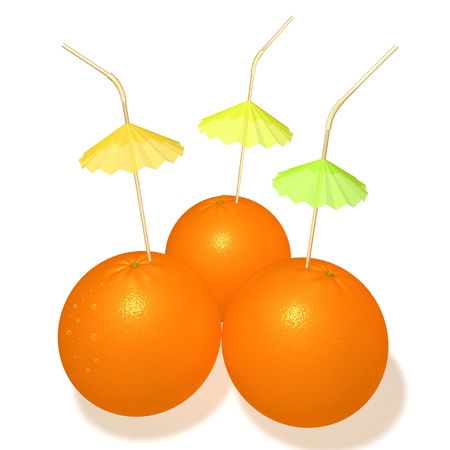 Orange with a straw and a cocktail umbrella on white backgroundの写真素材