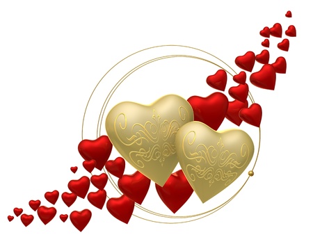 Two bright hearts with pattern on a background of red heartsの写真素材