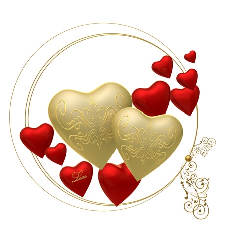 Two bright hearts with pattern, surrounded by red heartsの写真素材