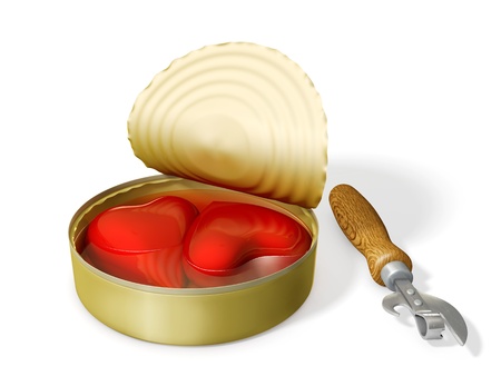 Tincan with hearts and opener on a white backgroundの写真素材