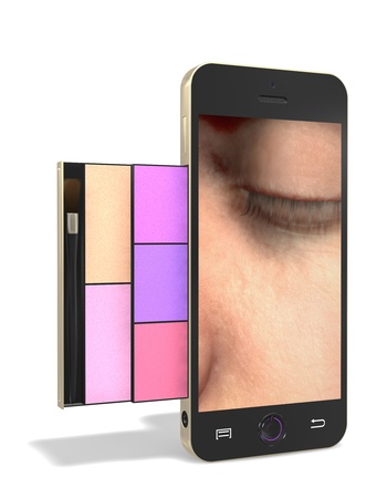 Mobile phone with a set of cosmetics and makeup brush on a white backgroundの写真素材