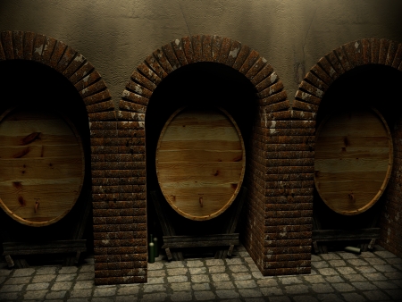 A wine cellar with three barrel and some bottles