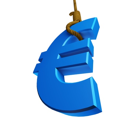 The euro symbol hanging from a rope, white background and distant objects out of focusの写真素材