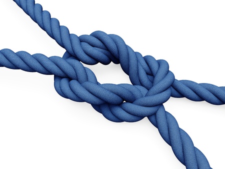 Two blue ropes connected by a node with white backgroundの写真素材