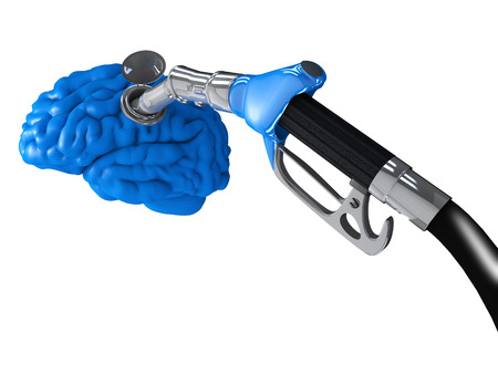 A gasoline pump inserted in a blue human brainの写真素材