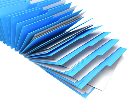 Row of blue binders of documents, white background