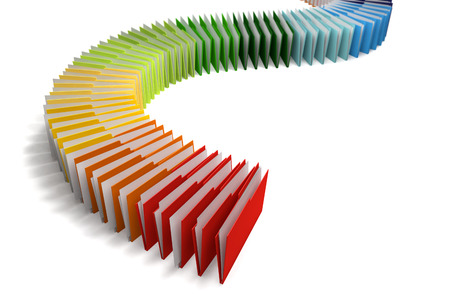 Row of binders of documents of various colors, white background