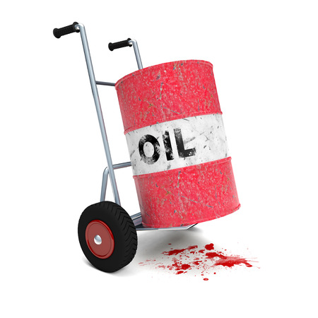 Cart with a barrel of oil leaking bloodの写真素材