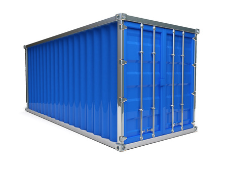 A metal blue ship container with white background
