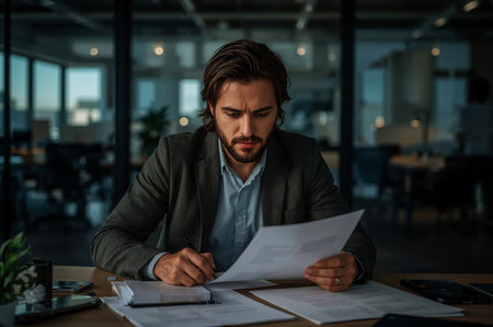 This cinematic photo captures a focused professional working overtime to meet a deadline. A handsome businessman sits at his desk in a modern corporate office at night, diligently reviewing and signing important contracts or reports. The atmospheric lighting creates a mood of intense concentration and dedication, highlighting his commitment to his work. This image is perfect for illustrating concepts such as legal review, financial analysis, entrepreneurship, and the demands of a high-powered career. It's an excellent visual for law firm websites, financial consulting brochures, articles about work ethic and burnout, or any content that needs to convey a sense of seriousness and professional responsibility.の素材