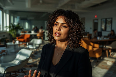 This inspiring and beautifully lit portrait features a confident and ambitious businesswoman with curly hair, standing in a modern, open-plan office during the golden hour. The warm, late-afternoon sunlight streams through the windows, casting artistic shadows and highlighting her thoughtful expression as she looks off-camera, seemingly contemplating future business strategies. Her professional attire and poised demeanor project success, leadership, and vision. The stylishly blurred background of the co-working space, complete with contemporary furniture and other professionals, provides an authentic and aspirational corporate context. This versatile image is perfect for a wide range of commercial uses, including website hero images for tech startups or creative agencies, feature images for articles on female entrepreneurship and diversity in the workplace, social media campaigns for business coaches, and print materials for leadership conferences.の素材
