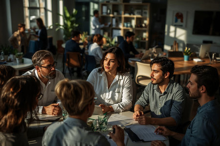 This dynamic and authentic stock photo captures a diverse team of professionals collaborating during a strategy meeting in a vibrant, sunlit office. Seated around a table, colleagues of different ages and genders are engaged in a focused discussion, sharing ideas and planning their next steps. The warm, natural lighting and the bustling office environment in the background create an atmosphere of innovation, productivity, and strong corporate culture. This image is perfectly suited for illustrating themes of teamwork, diversity and inclusion, strategic planning, and modern business. It would be an excellent choice for a website banner for a consulting firm, a feature image in an annual report, content for a blog about management, or in marketing materials for a corporate training program.の素材