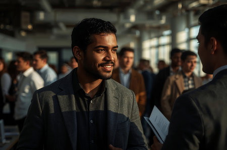 This vibrant and engaging stock photo captures the essence of professional networking. A handsome young businessman with a warm smile is actively engaged in a conversation at a busy corporate event, such as a conference, trade show, or seminar. The bright, optimistic lighting and the blurred background of other professionals create a dynamic and positive atmosphere. This image is perfect for illustrating themes of communication, business development, career growth, and building professional relationships. Ideal commercial uses include marketing materials for corporate events and conferences, banners for recruitment and HR websites, visuals for articles about networking tips, and promotional content for business associations or chambers of commerce.の素材