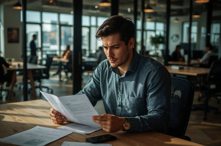 This high-quality stock photo captures a diligent young professional completely absorbed in reviewing a report or contract at his desk. The scene is set in a stylish, sunlit open-plan office, creating a productive and sophisticated atmosphere. The man's intense focus highlights the importance of his work, making this image ideal for illustrating themes of analysis, concentration, and meticulous attention to detail. This is a perfect visual for financial or legal services websites, articles on business management and strategy, marketing materials for HR and recruitment firms, or any content related to professional diligence and corporate life.の素材