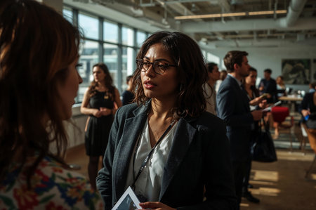 This high-quality, candid photograph captures a focused young professional woman engaged in a serious conversation at a busy corporate event or networking seminar. Dressed in a business blazer and glasses, her attentive expression highlights a moment of deep engagement and intellectual exchange. The bright, natural light from the large windows of the modern office space creates an authentic and professional atmosphere. In the softly blurred background, other attendees can be seen networking, emphasizing the collaborative and dynamic environment of the conference. This image is ideal for illustrating themes of business communication, women in technology, professional development, and corporate collaboration. Commercial uses include website banners for industry events, hero images for blog posts on career growth, social media content for corporate branding, and print materials for workshops or recruitment.の素材