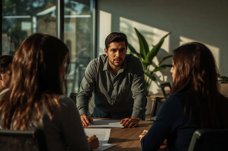 This cinematic photo captures a moment of intense focus and leadership during a business meeting. A young, ambitious manager or team leader stands at the head of the table, using his hands to emphasize a point as he discusses a strategic plan with his colleagues. The warm, golden hour sunlight illuminates the modern office, highlighting the serious expressions and collaborative energy in the room. This image is perfect for illustrating concepts of leadership, corporate strategy, teamwork, and problem-solving. It's an ideal visual for website banners for consulting firms, financial services, or tech startups. It can also be used in blog posts about management techniques, corporate culture, presentations about business growth, or in marketing materials targeting ambitious professionals.の素材