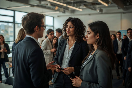 This vibrant and professional stock photo captures a group of young colleagues actively networking and engaging in a thoughtful discussion at a busy corporate conference. A businessman with glasses shares his ideas with two attentive businesswomen, who listen with interest, fostering a collaborative and positive atmosphere. The background is filled with a diverse crowd of attendees, creating an authentic feel of a large-scale seminar, summit, or trade show. This image is perfect for illustrating themes of professional communication, building business relationships, and corporate culture. Ideal uses include marketing materials for industry events, content for career development blogs, banners for recruitment websites, and visuals for presentations on teamwork and collaboration.の素材