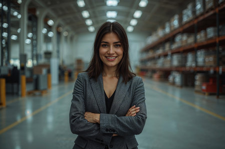 A smiling woman in a gray suit stands confidently in a warehouse, showing her role in logistics and management. The image captures the essence of industrial expertise.の素材