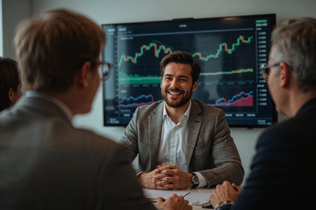 Financial analysts review stock market charts in a meeting. A confident analyst smiles, set against a monitor displaying bullish trends. Success in investing and teamwork.の素材