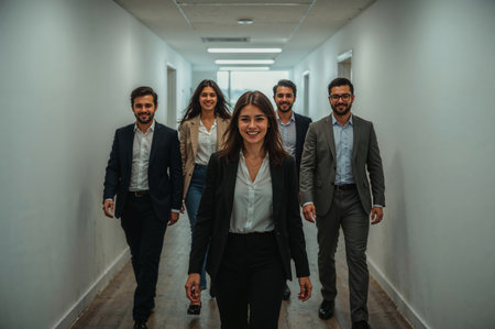 A group of sharply dressed business professionals walking confidently toward the viewer in a bright hallway, radiating leadership and teamwork.の素材