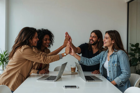 A diverse group celebrates a success with a high-five. Smiles and laptops on a white table. A happy, collaborative business environment.の素材