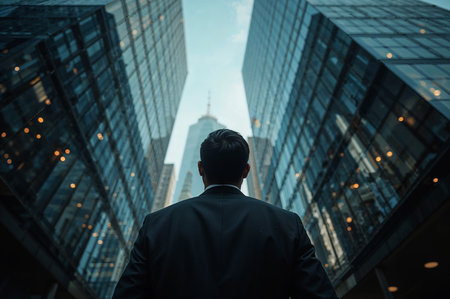 A man in a suit looks up at skyscrapers, symbolizing ambition and urban success, city life, career goals, and visionary leadership in the business world.の素材