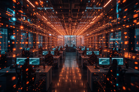 An open office is surrounded by digital data streams. People work at computers in a high-tech environment, glowing with vibrant digital activity.の素材