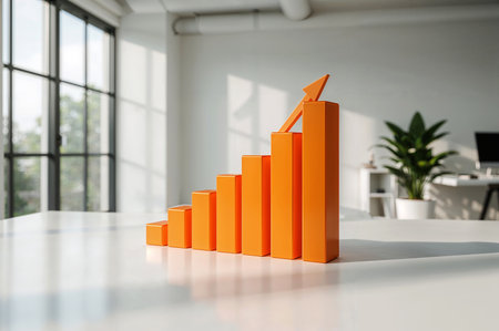 Orange bar graph showing positive business growth in a bright, modern office. Arrow points upward, symbolizing financial success and market trends.の素材