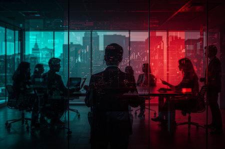 A modern office scene with business professionals strategizing in a conference room. Red and blue hues cast a futuristic glow on the cityscape backdrop.の素材