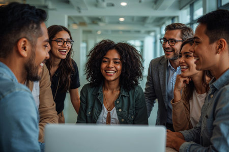 Diverse group of professionals collaborating around a laptop, sharing a joyful moment of laughter and camaraderie in a modern workplace.の素材