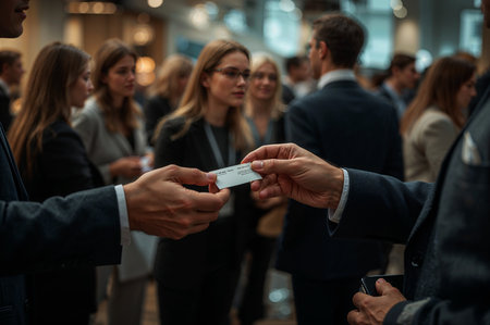 A professional exchange of business cards at a conference, with blurred figures. Focused on networking between business professionals at a meet.の素材