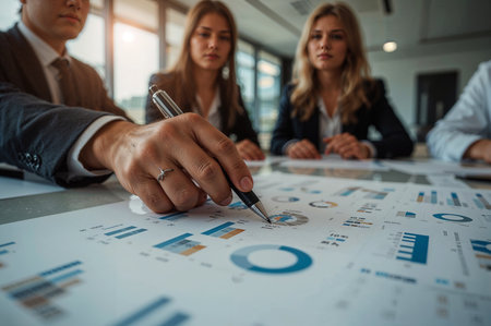 Business professionals collaborate around a table, reviewing charts and graphs. A pen points to key data, emphasizing teamwork and strategic financial analysis.の素材