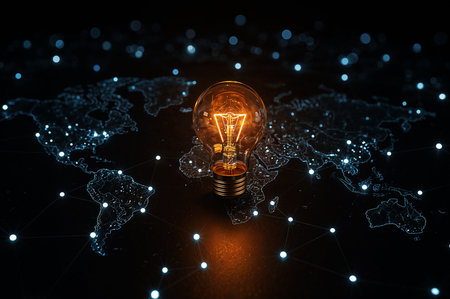 A glowing lightbulb stands atop a world map of interconnected nodes, representing global innovation, ideas, and network connectivity in a digital age.の素材