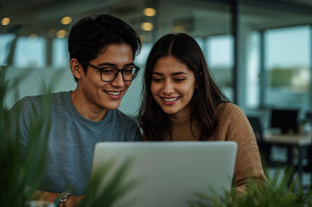 Two young professionals collaborating on a laptop, beaming with excitement and teamwork in a modern workspace. A project unfolding, shared success.の素材