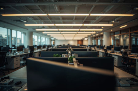 A view of an empty modern corporate office. Neat rows of desks, monitors, chairs and artificial lights create a professional business setting.の素材